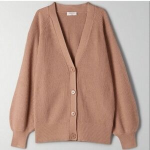 Aritzia Babaton Bespoke ribbed button V neck Cardigan beige Oversized xxs Small